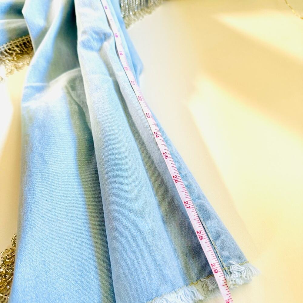 NEW Light Wash Stretch Denim Rhinestone Crystal Fringe Tassel Split Leg Jeans L - Picture 9 of 14